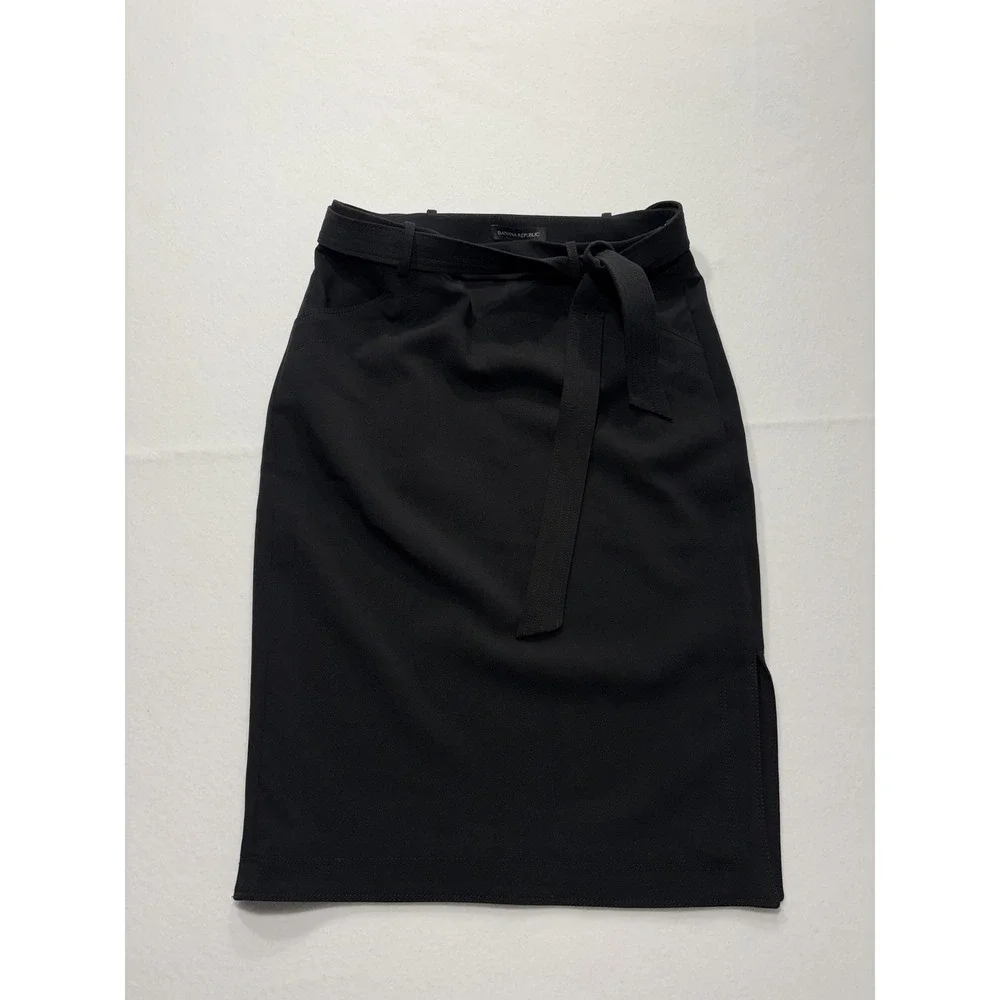 Banana Republic Skirt Womens 6 Black Belted Stretch Knee Length Pencil Work‎